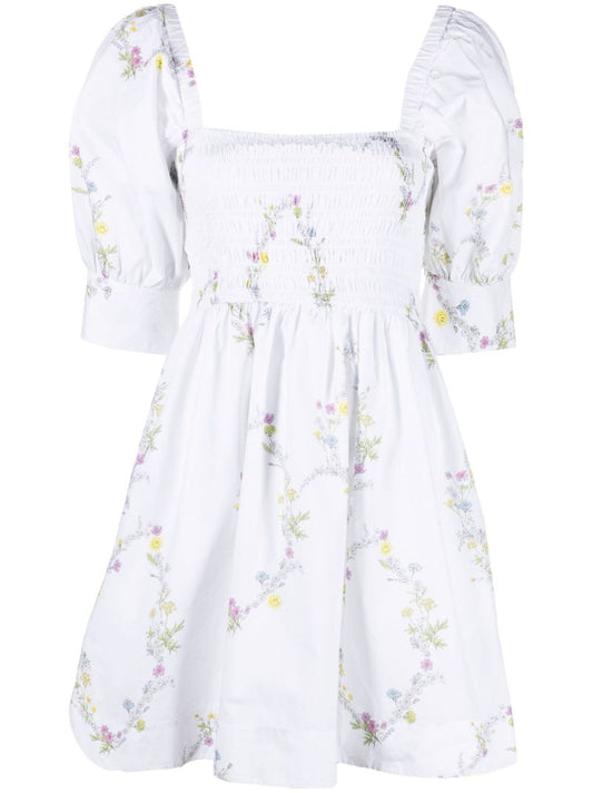 White Floral Puff Sleeve Mini Dress