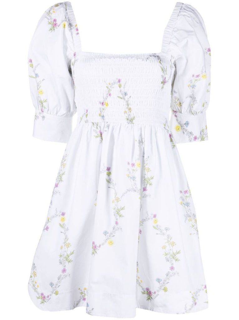 White Floral Puff Sleeve Mini Dress