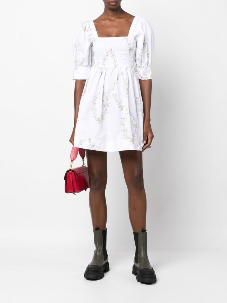 White Floral Puff Sleeve Mini Dress