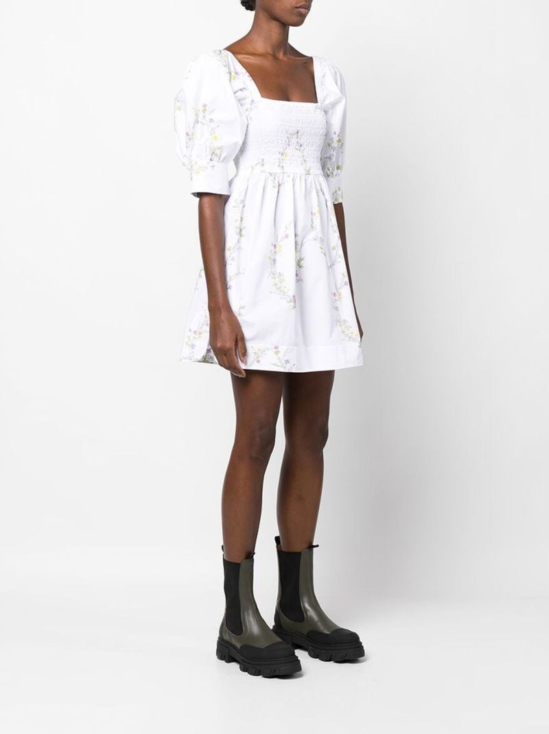 White Floral Puff Sleeve Mini Dress