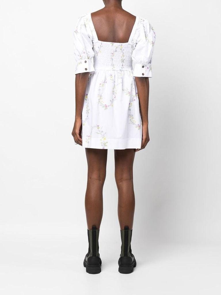 White Floral Puff Sleeve Mini Dress