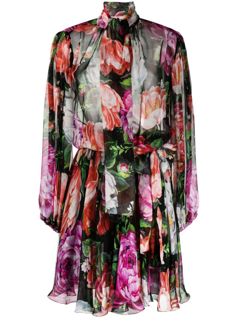 Black Floral Print Silk Dress