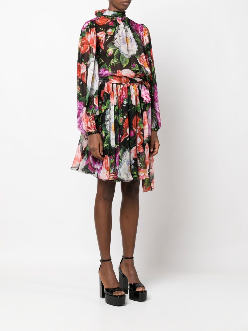 Black Floral Print Silk Dress