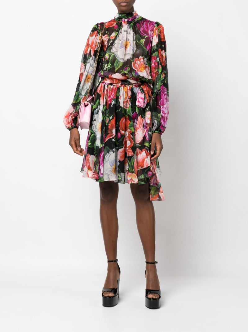 Black Floral Print Silk Dress