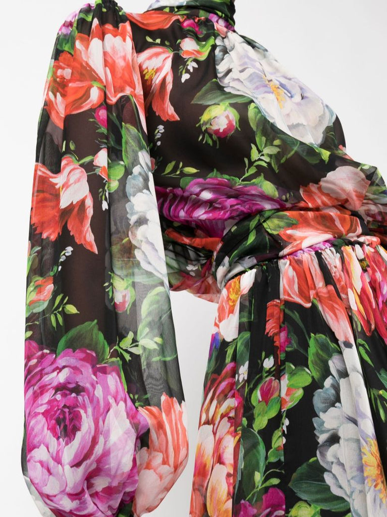 Black Floral Print Silk Dress