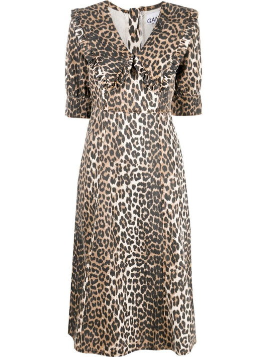 Neutral Leopard Print Frill Collar Dress