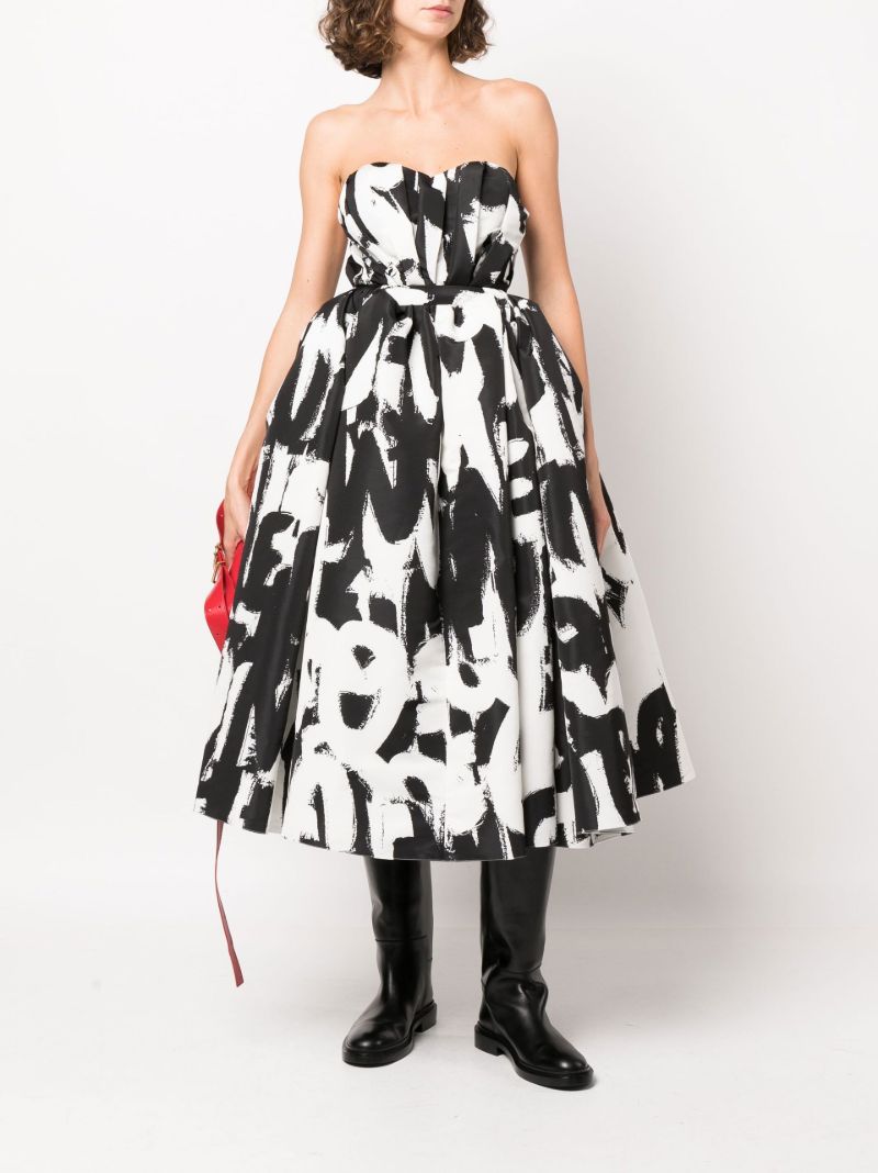 Black Graphic Print Bustier Midi Dress
