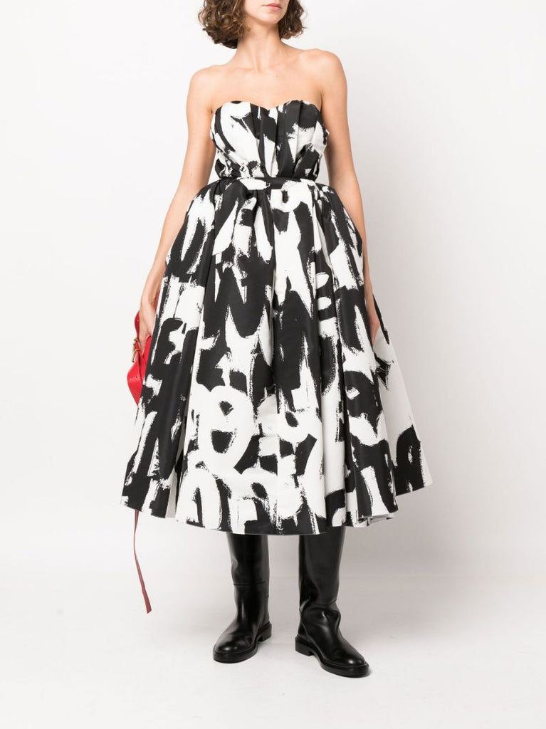 Black Graphic Print Bustier Midi Dress