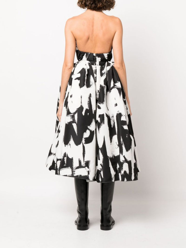 Black Graphic Print Bustier Midi Dress