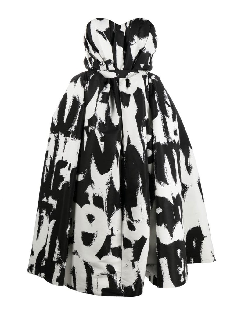 Black Graphic Print Bustier Midi Dress