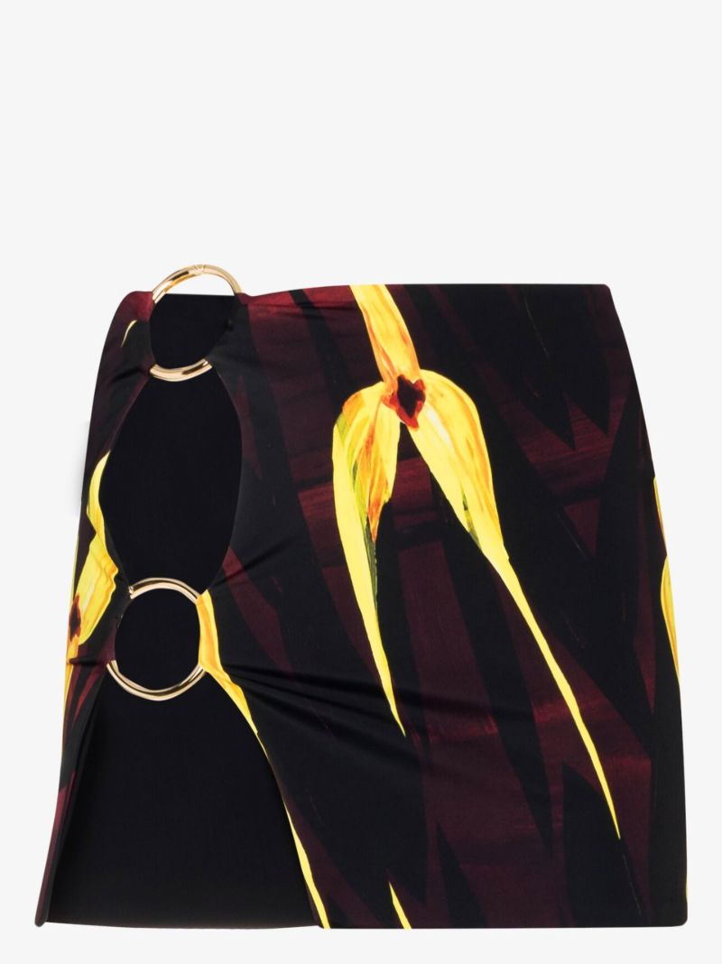 Black Double Ring Floral Print Mini Skirt