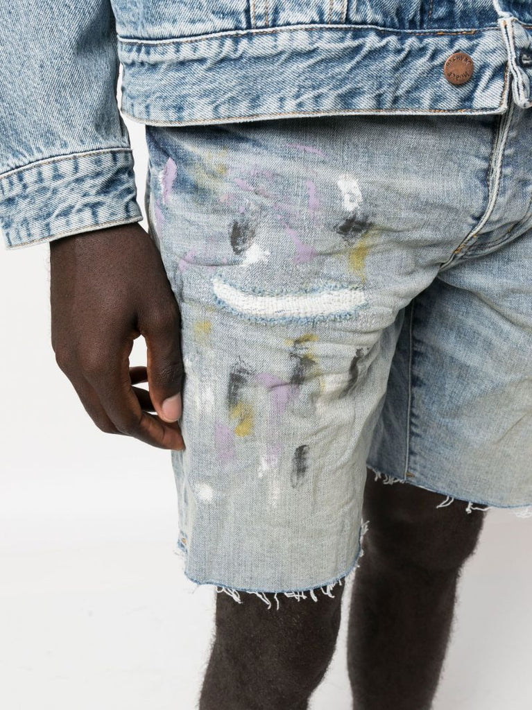 Blue P020 Distressed Splatter Denim Shorts