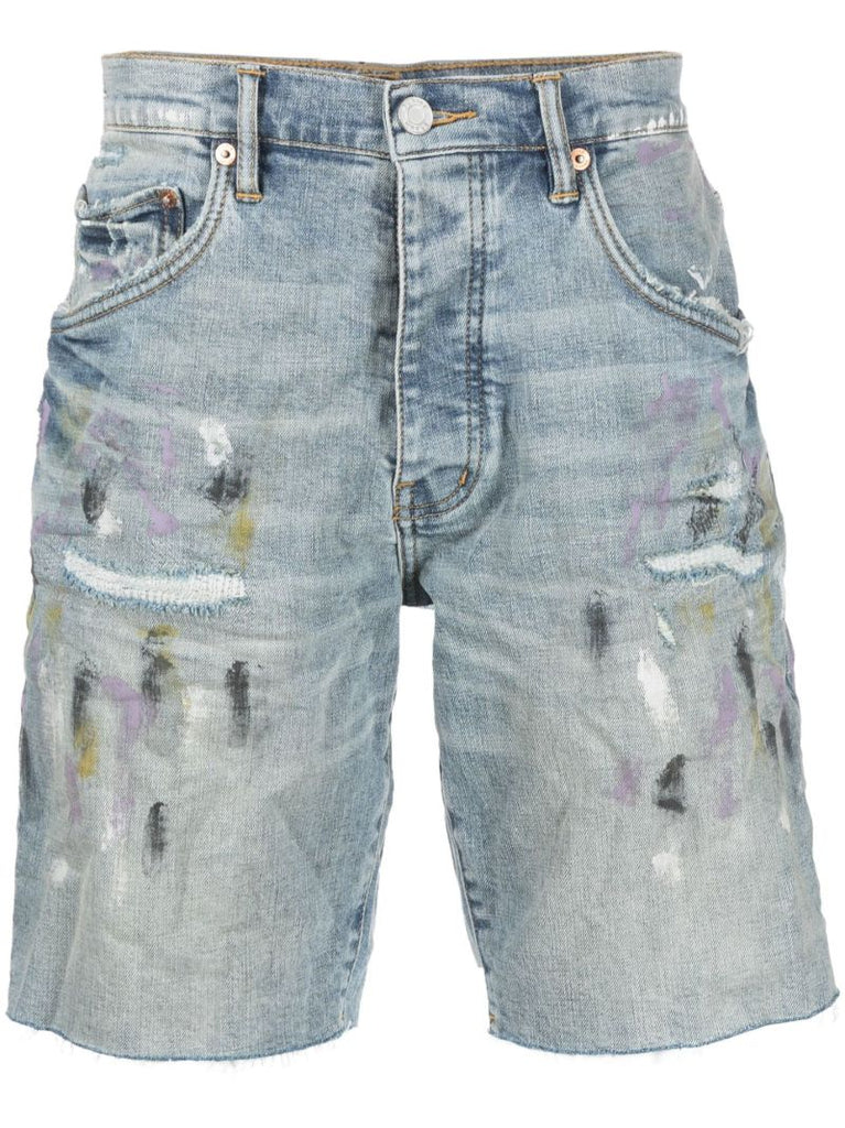 Blue P020 Distressed Splatter Denim Shorts