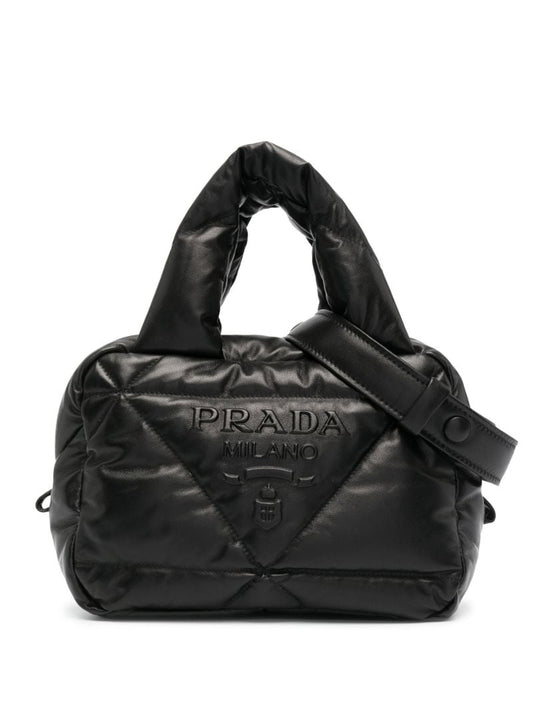 Black Quilted Logo Leather Tote Bag