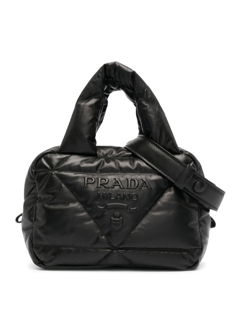 Black Quilted Logo Leather Tote Bag