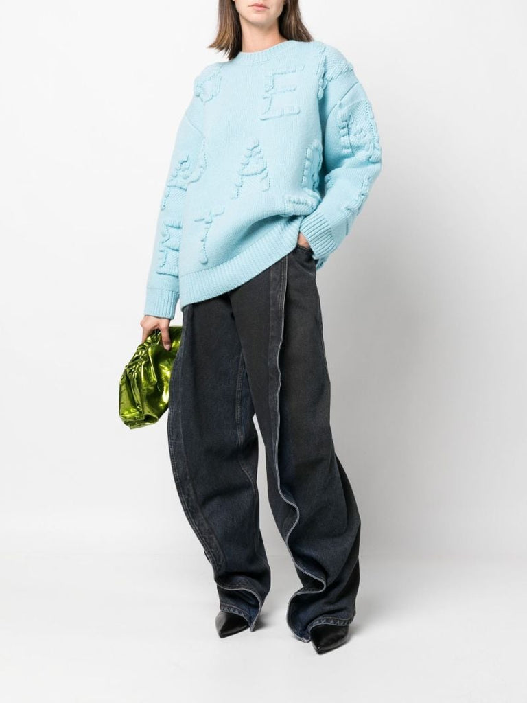 Blue Embossed Letter Sweater