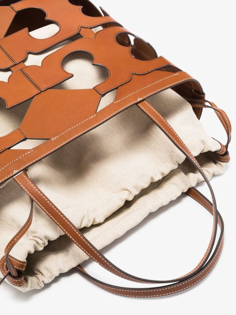 Brown Double T Cutout Logo Leather Tote Bag