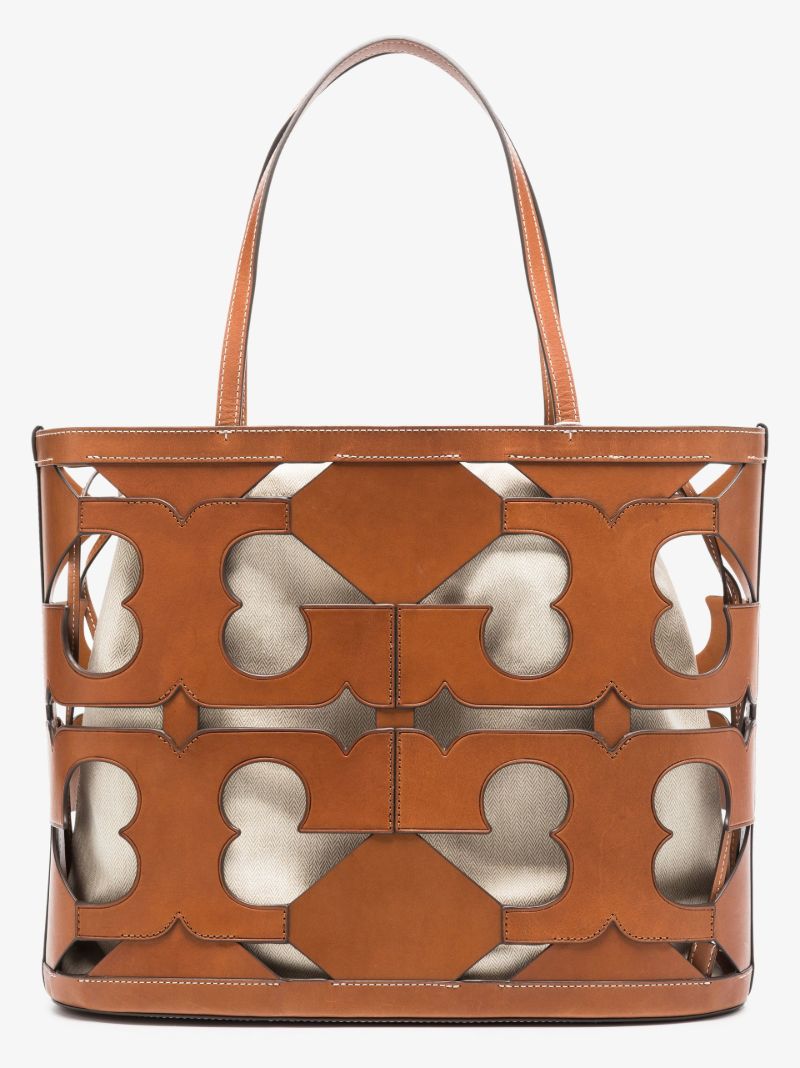 Brown Double T Cutout Logo Leather Tote Bag