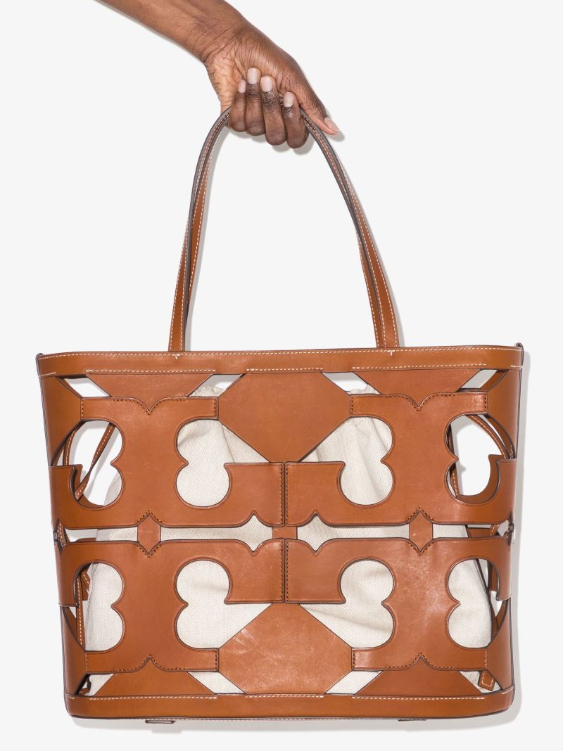 Brown Double T Cutout Logo Leather Tote Bag