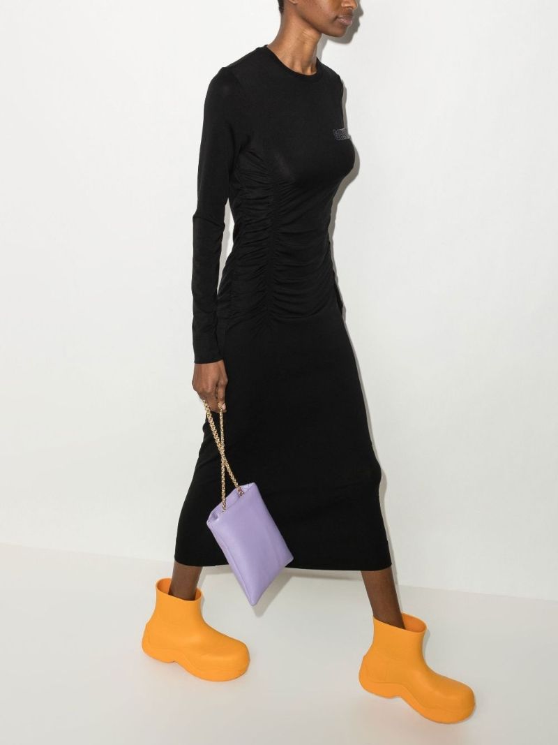 Black Logo Print Ruched Midi Dress