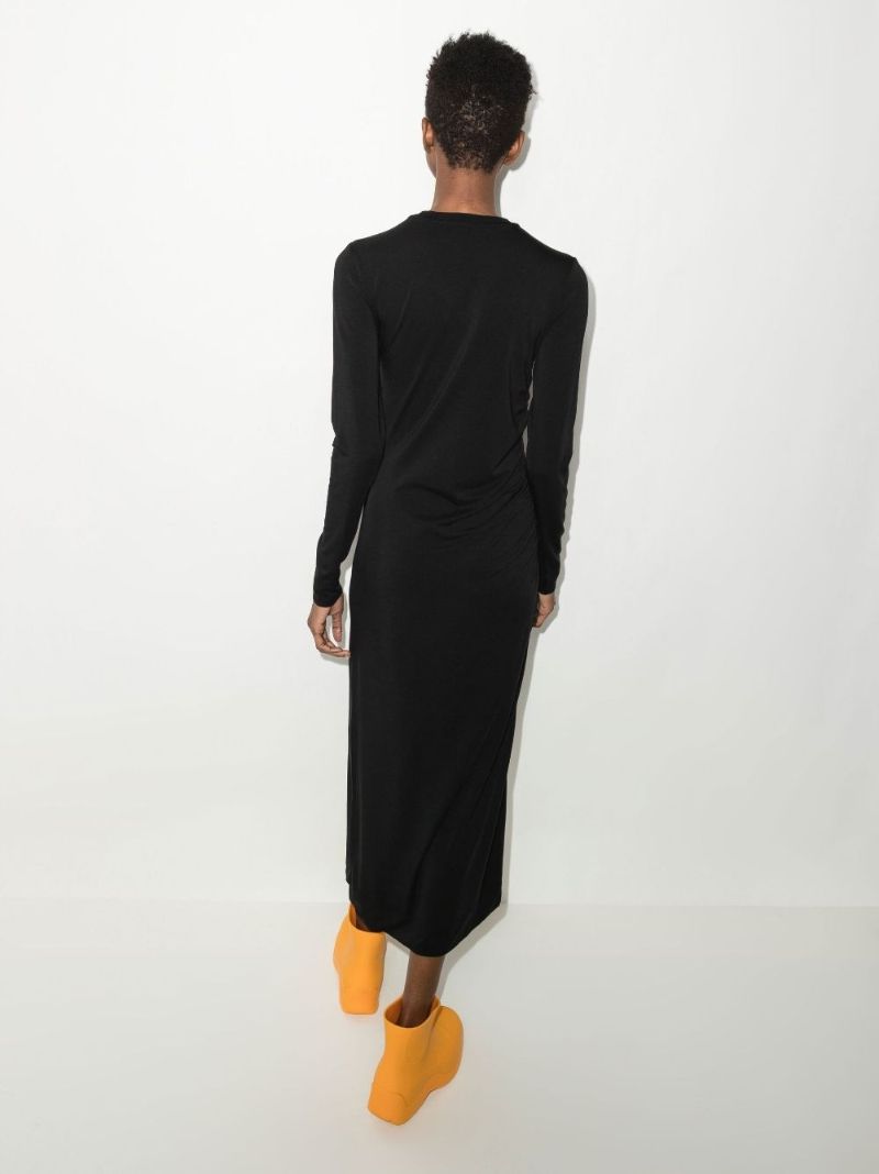 Black Logo Print Ruched Midi Dress