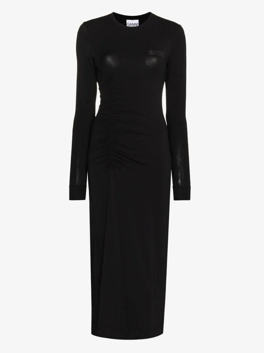 Black Logo Print Ruched Midi Dress