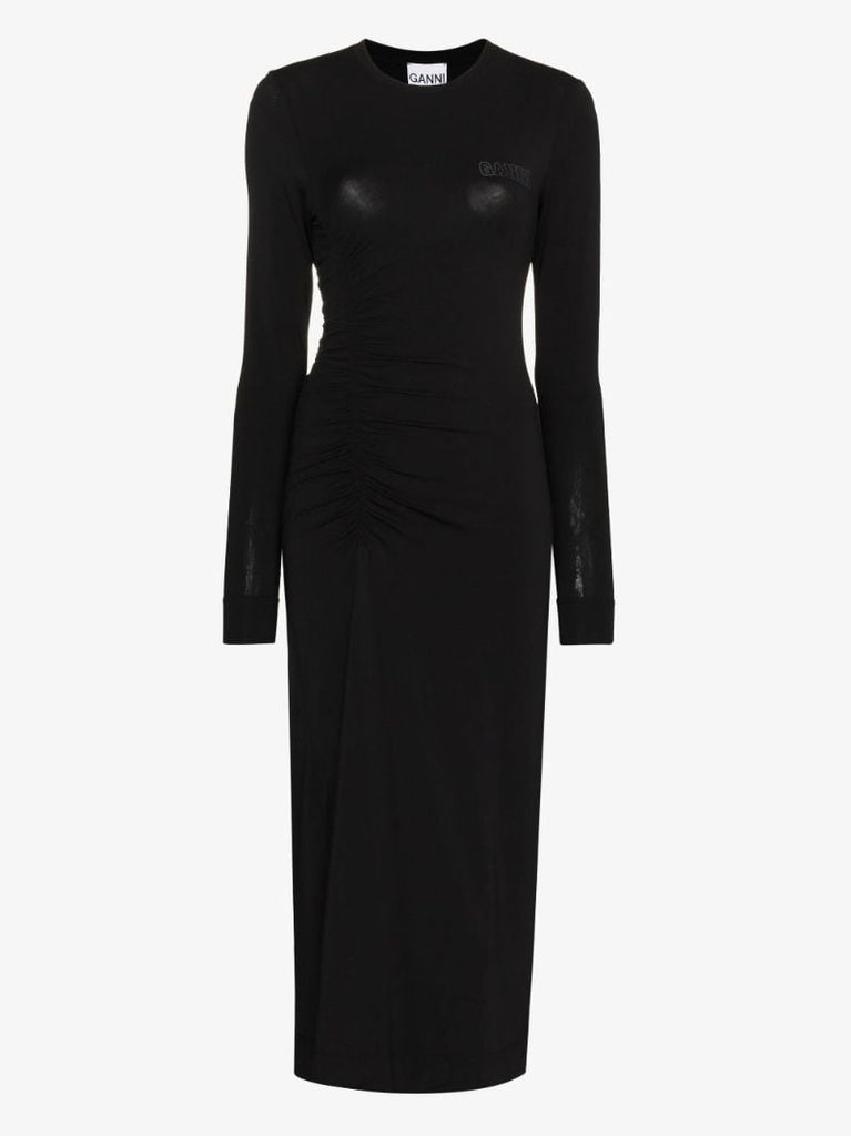 Black Logo Print Ruched Midi Dress