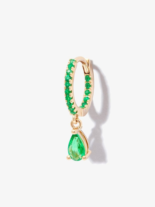 14k Yellow Gold Emerald Drop Huggie Hoop Earring