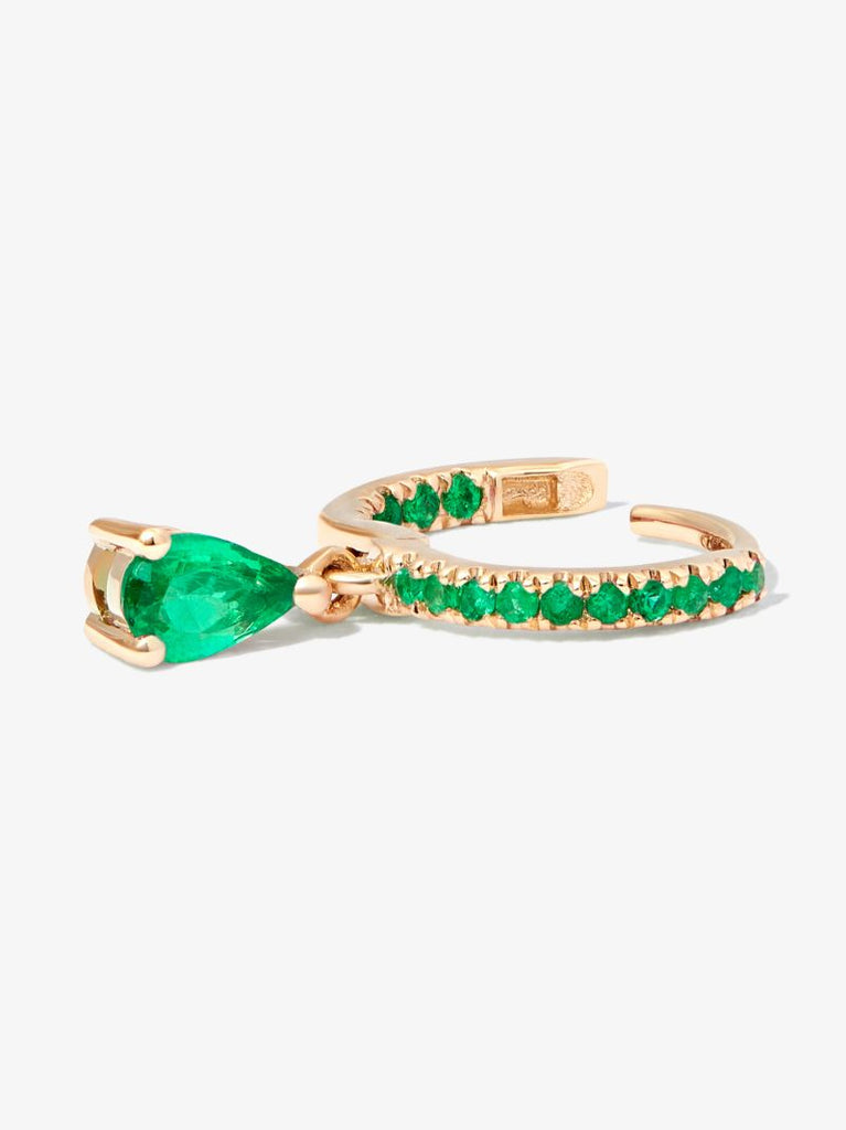 14k Yellow Gold Emerald Drop Huggie Hoop Earring