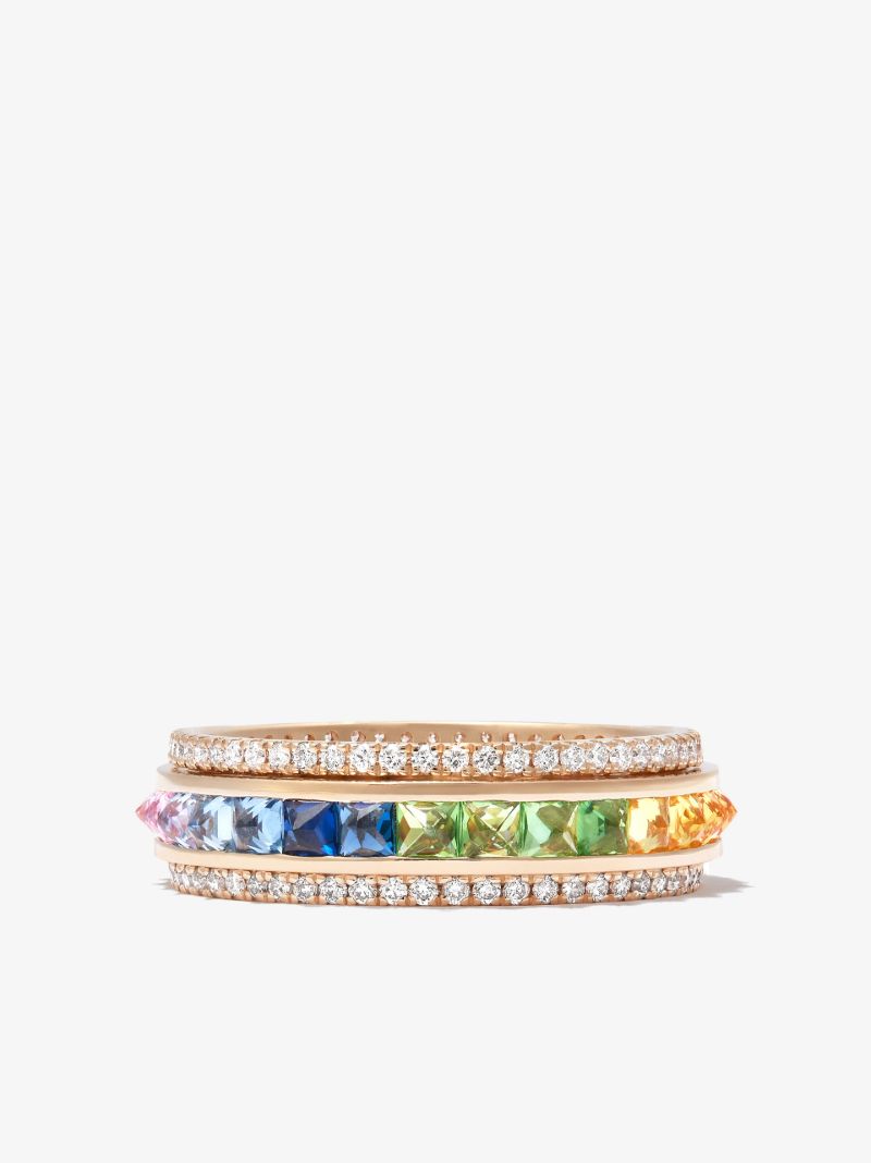 14k Yellow Gold Spike Spinner PavÃ_x0083_Â© Diamond Sapphire Ring