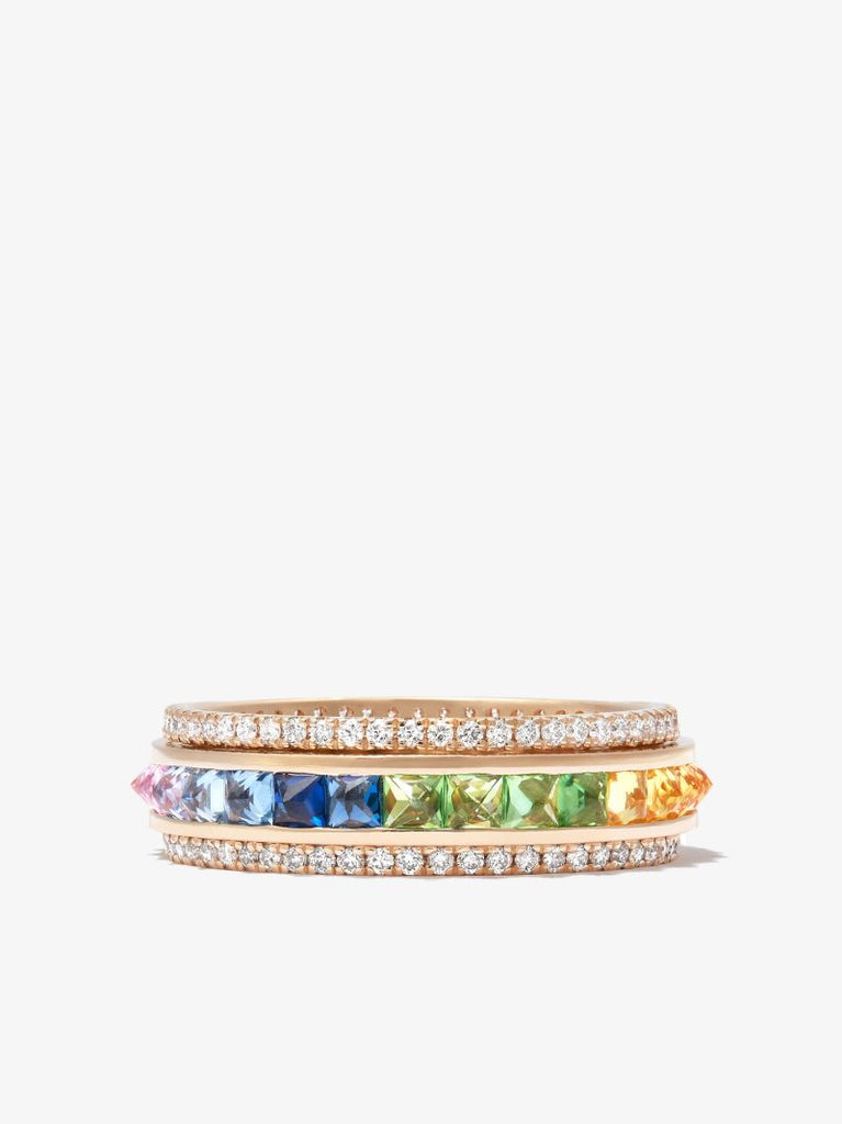 14k Yellow Gold Spike Spinner PavÃ_x0083_Â© Diamond Sapphire Ring