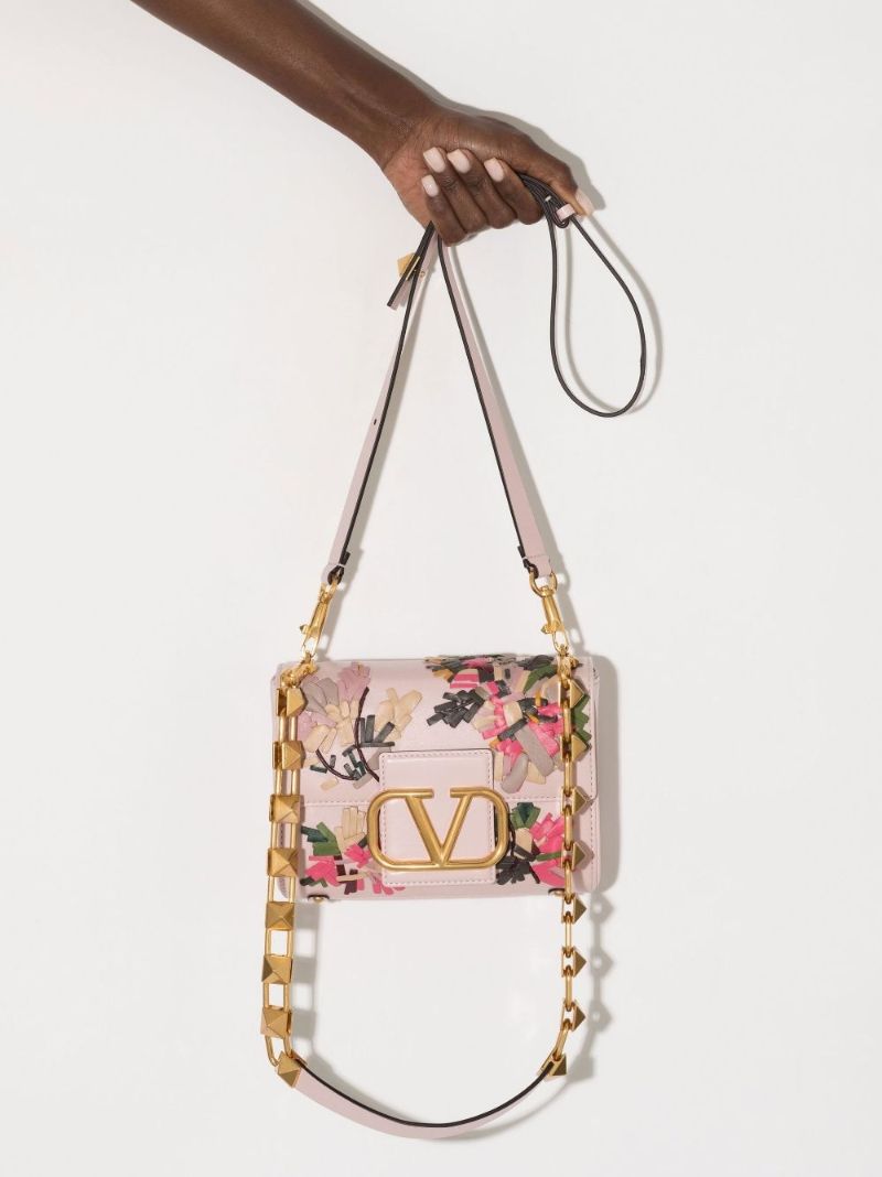 Pink Stud Sign Floral Embroidered Leather Shoulder Bag