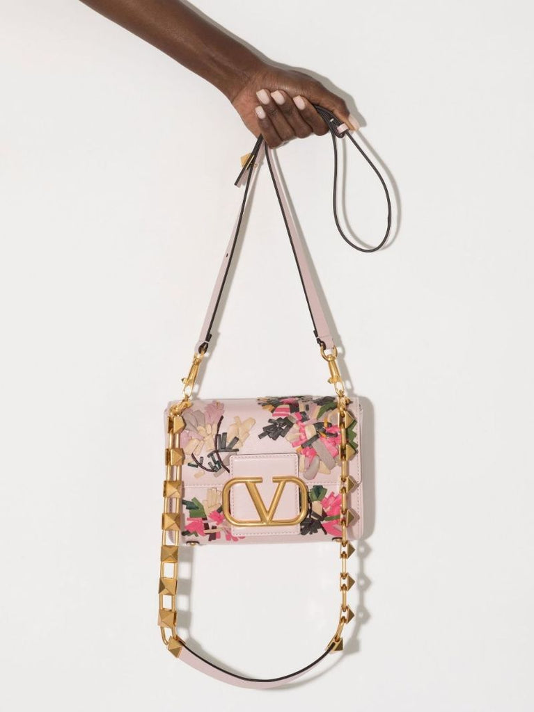Pink Stud Sign Floral Embroidered Leather Shoulder Bag