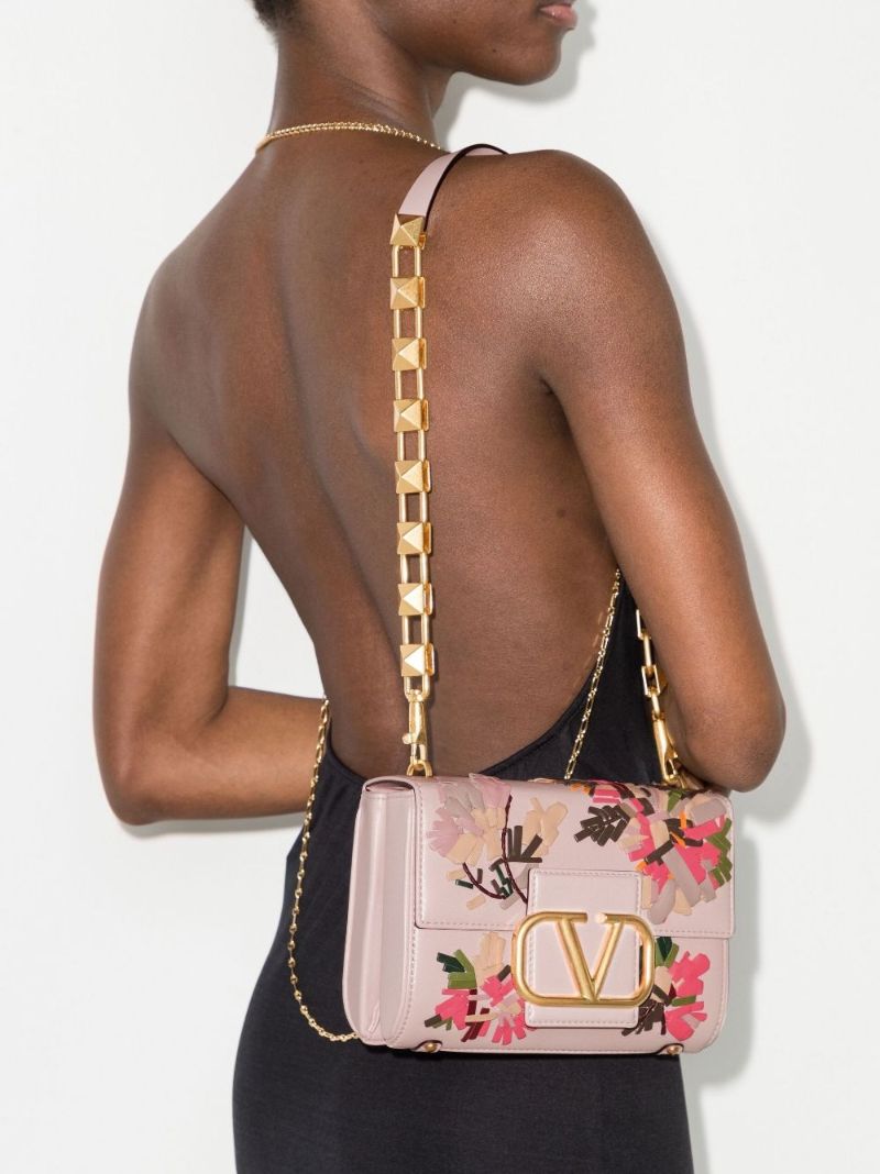Pink Stud Sign Floral Embroidered Leather Shoulder Bag