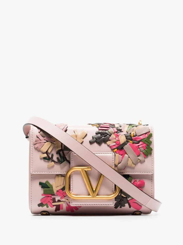 Pink Stud Sign Floral Embroidered Leather Shoulder Bag