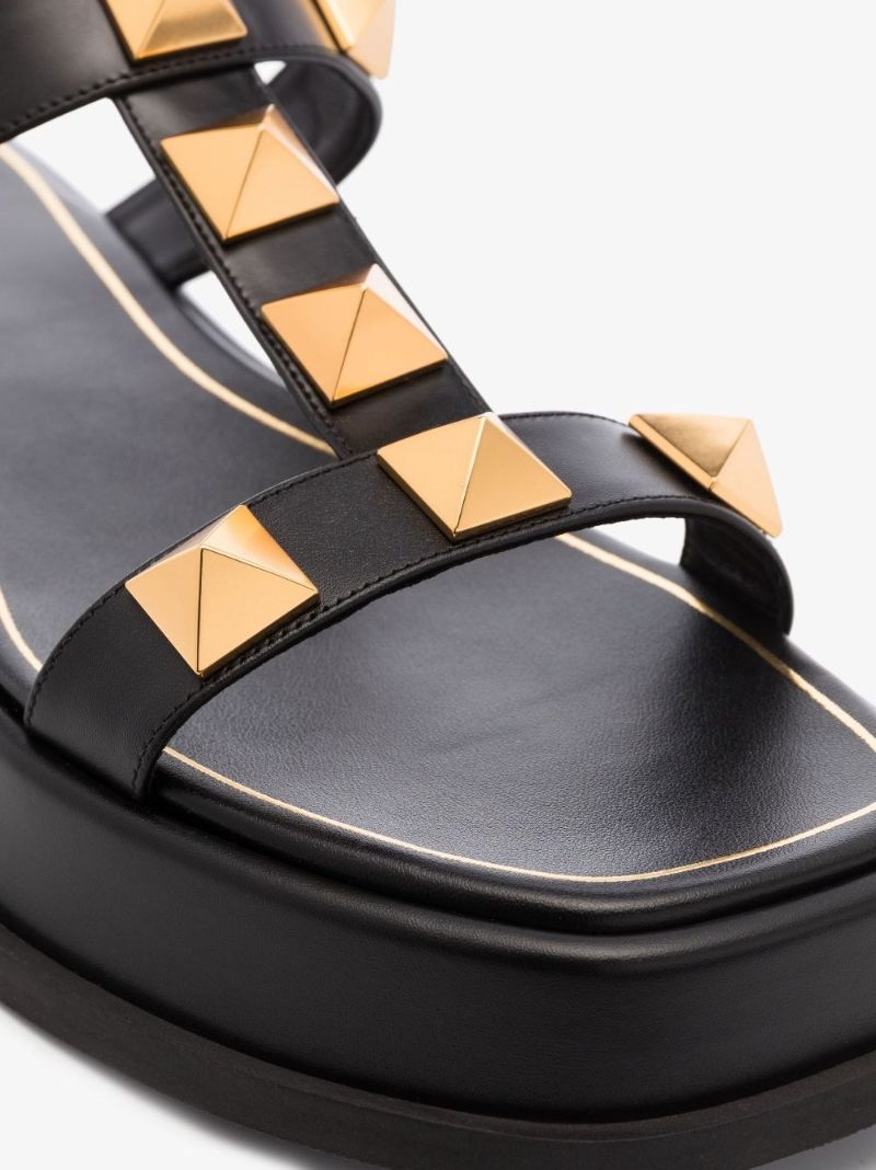 Black Roman Stud Leather Flatform Sandals