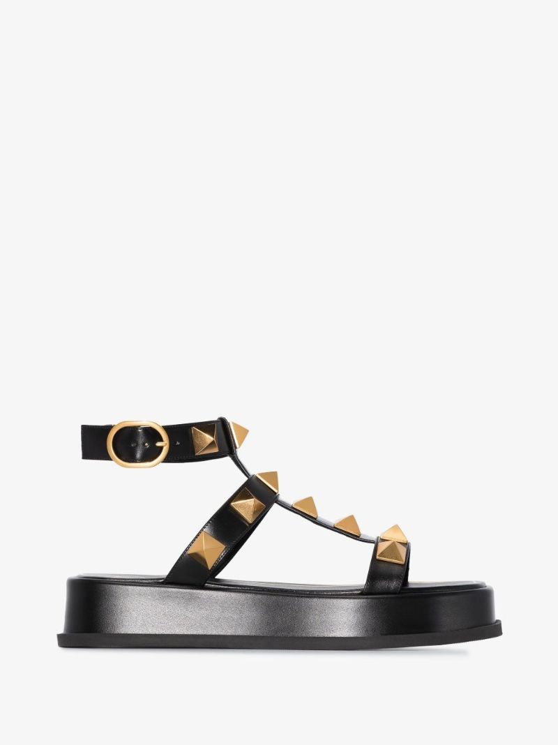 Black Roman Stud Leather Flatform Sandals