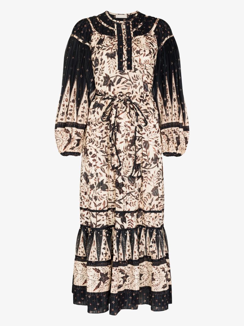 Neutral Kemala Printed Long Sleeve Midi Dress