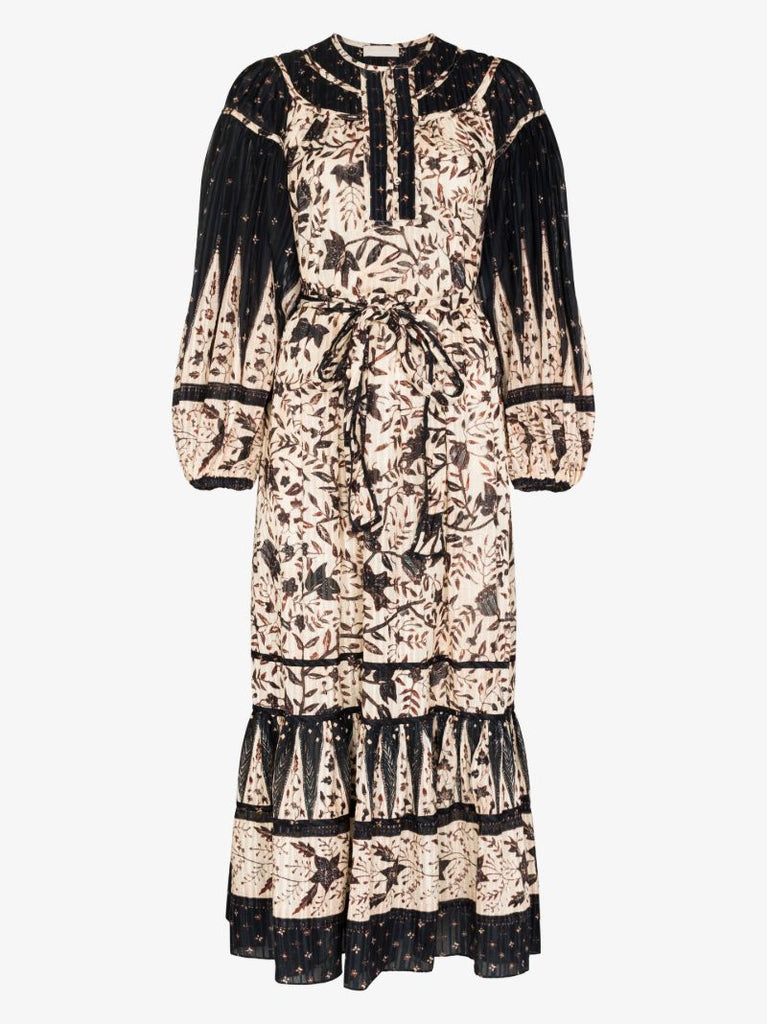 Neutral Kemala Printed Long Sleeve Midi Dress