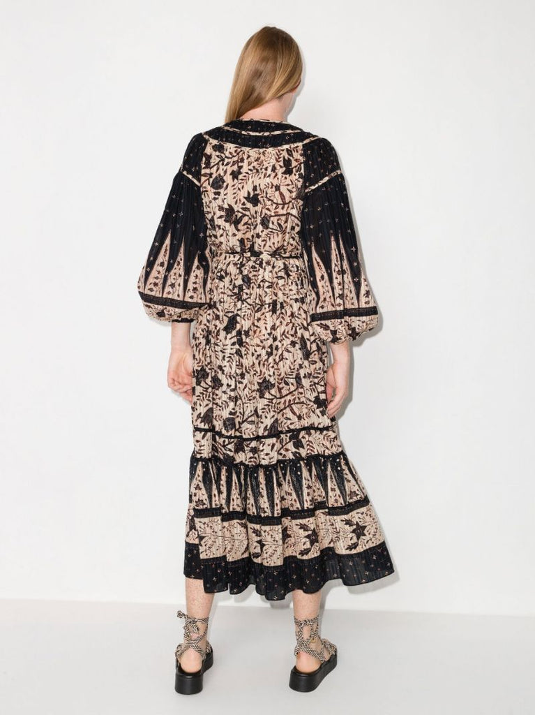 Neutral Kemala Printed Long Sleeve Midi Dress