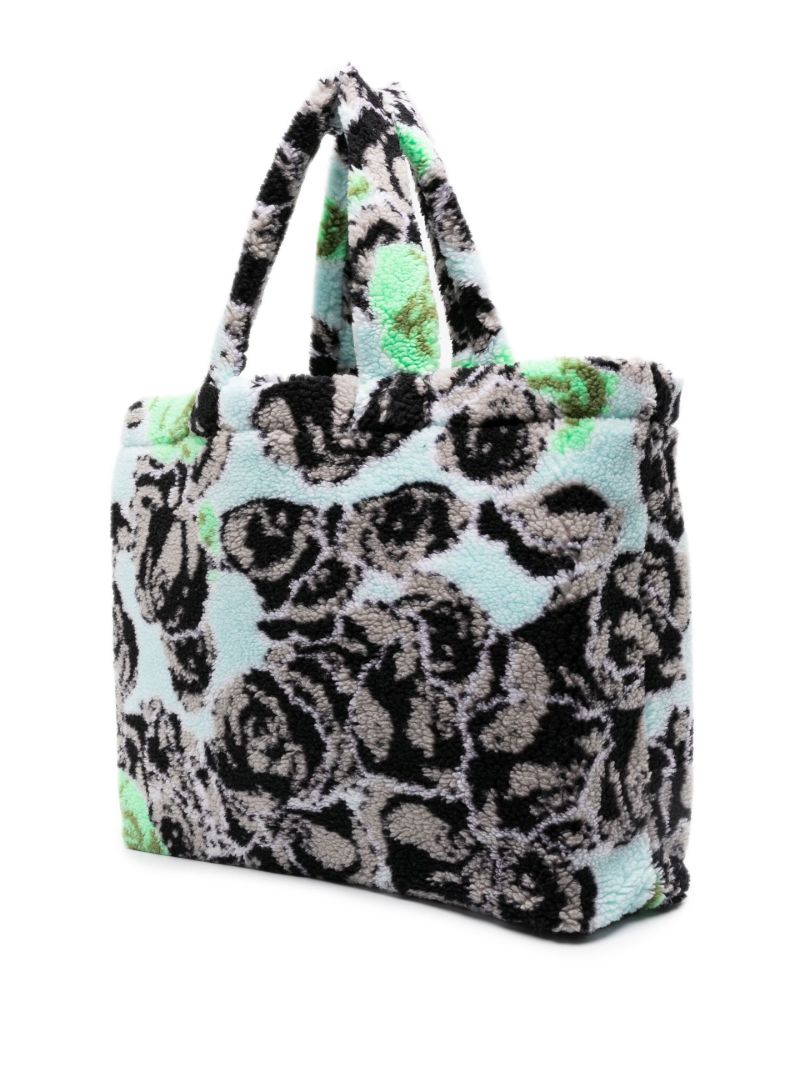 Blue Distorted Floral Print Faux Fur Tote Bag