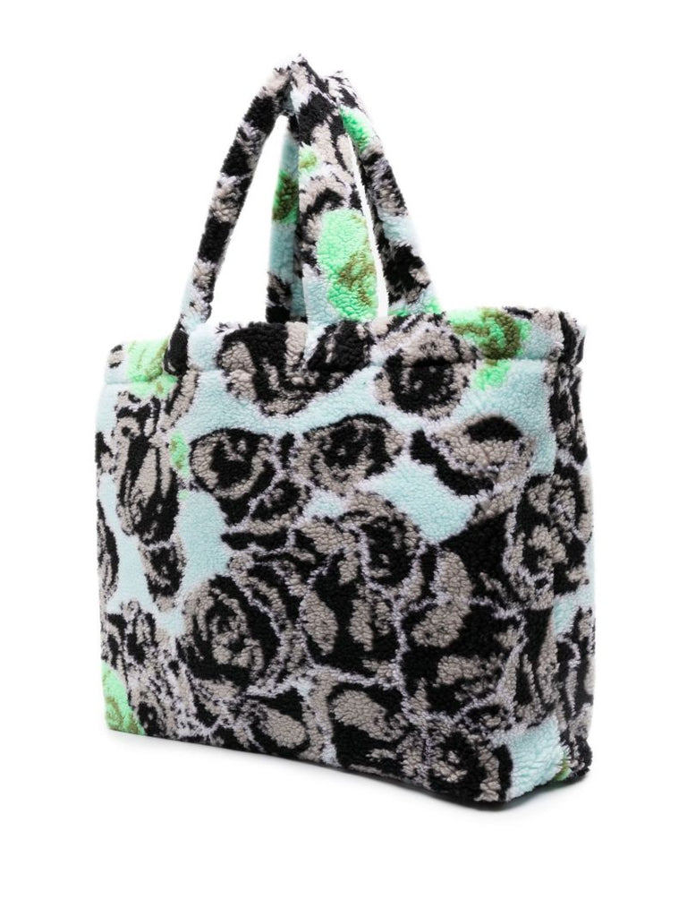 Blue Distorted Floral Print Faux Fur Tote Bag