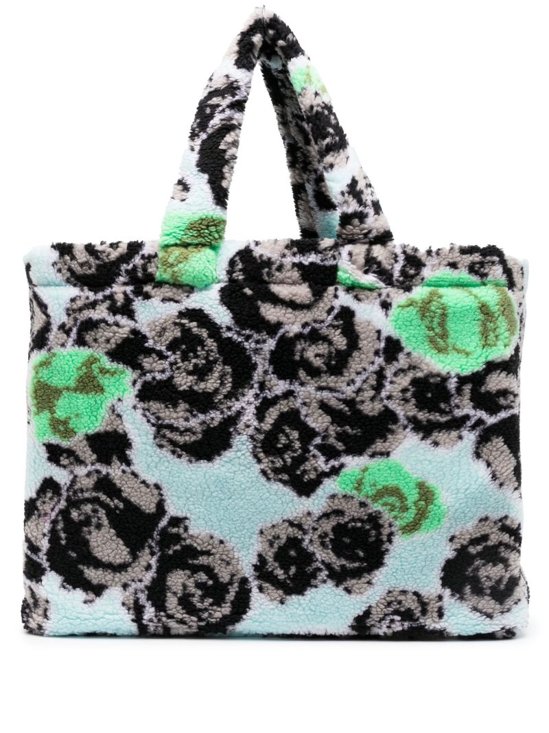 Blue Distorted Floral Print Faux Fur Tote Bag