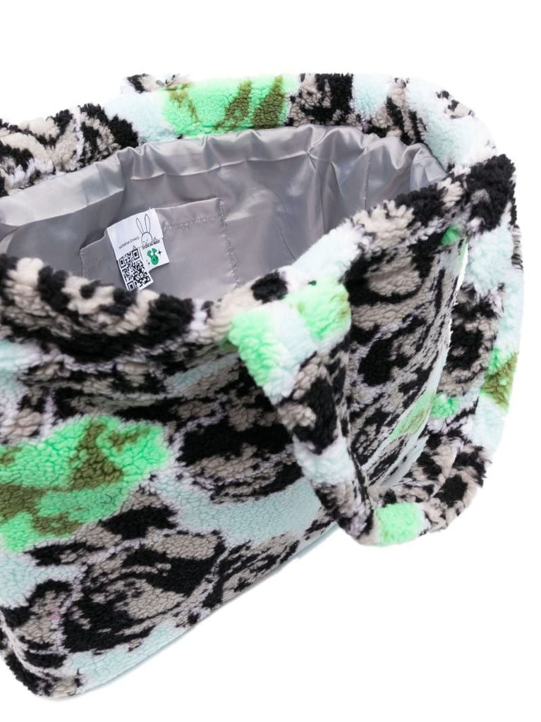 Blue Distorted Floral Print Faux Fur Tote Bag