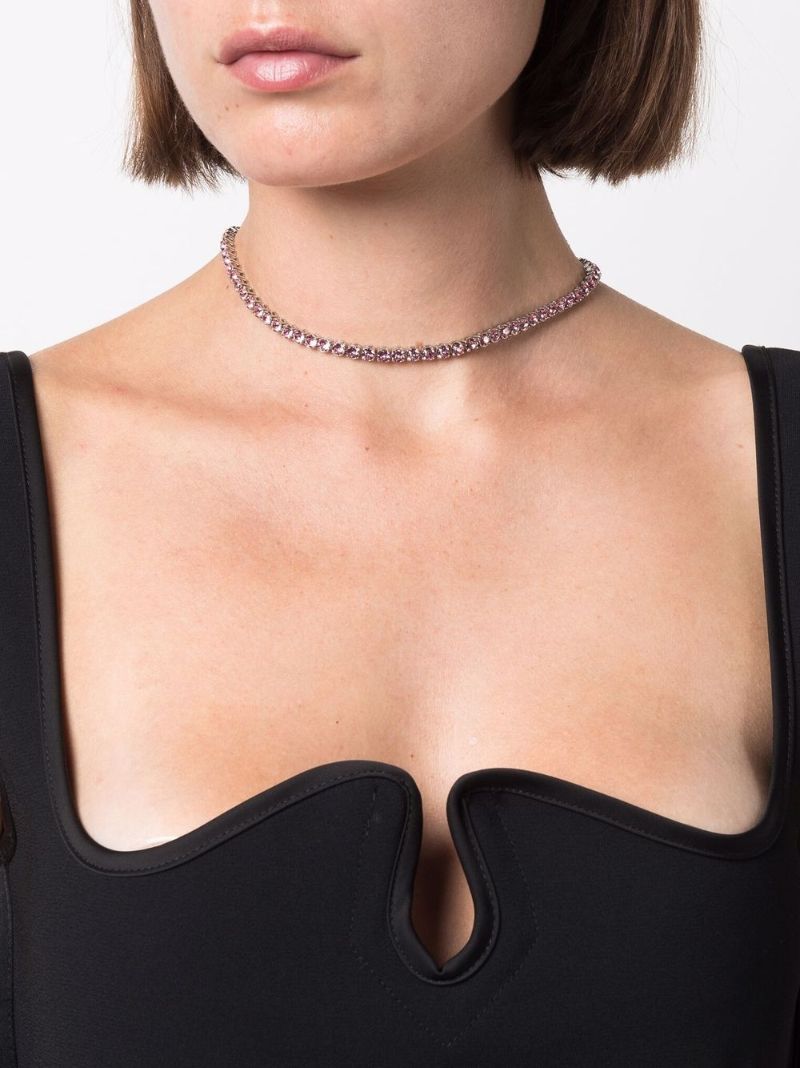 Pink Silver-tone Crystal Tennis Choker Necklace