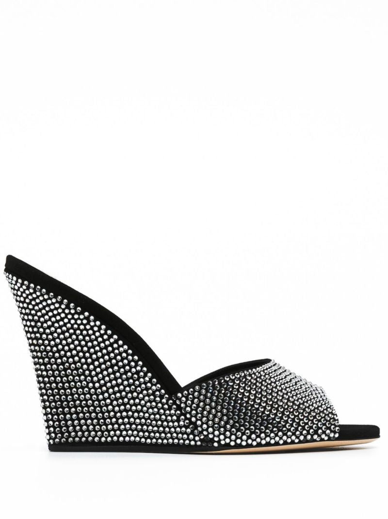 Black Crystal Embellished 95 Wedge Leather Mules