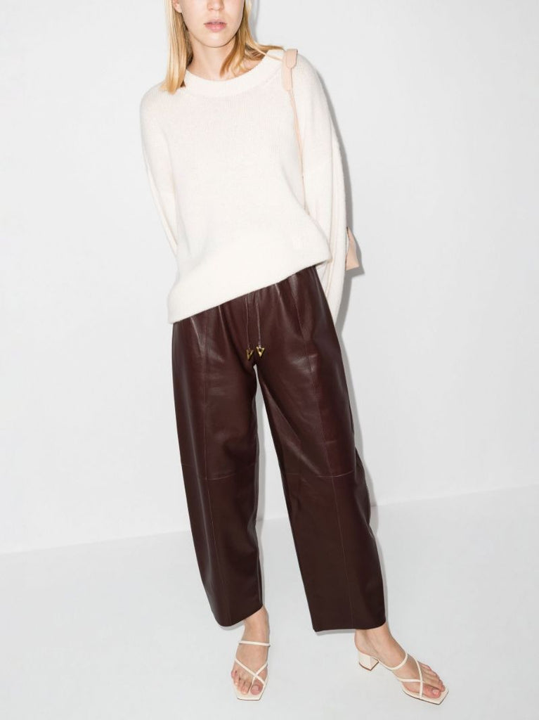 Brown Aurella Drawstring Waist Leather Trousers
