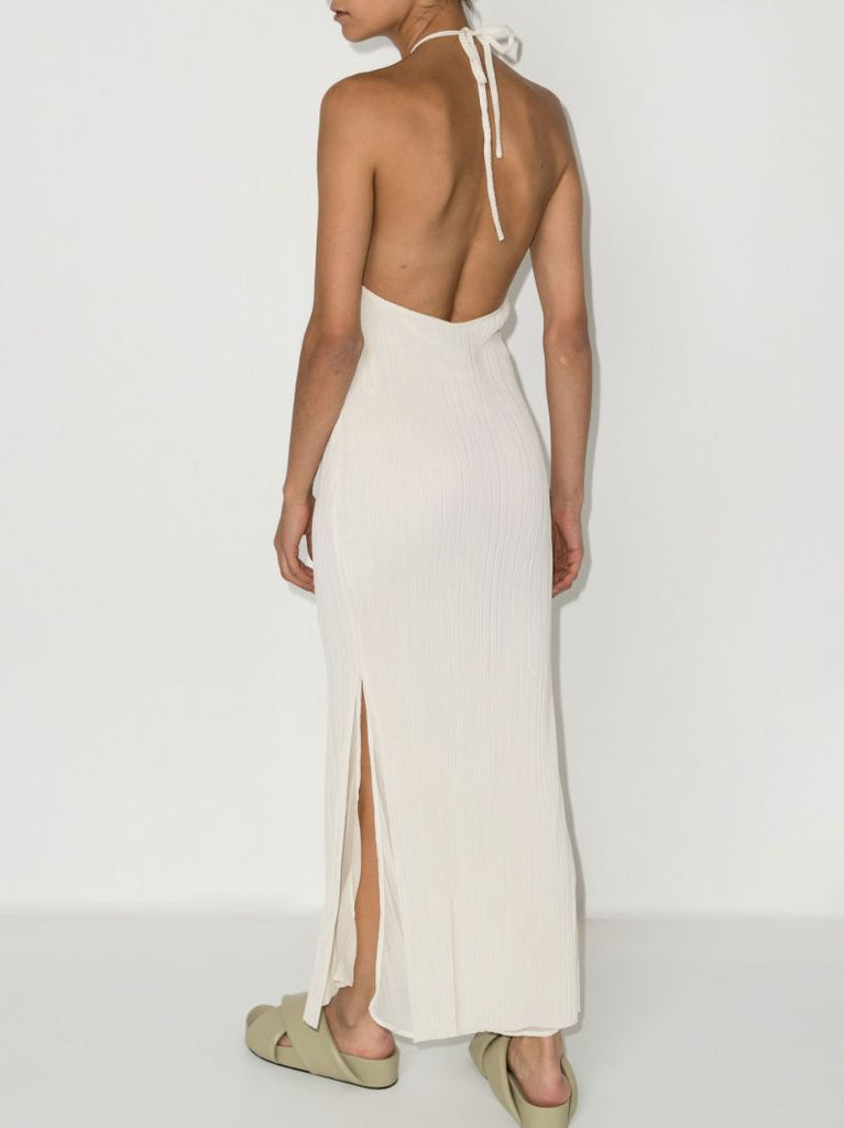 Neutral Pleated Halterneck Midi Dress