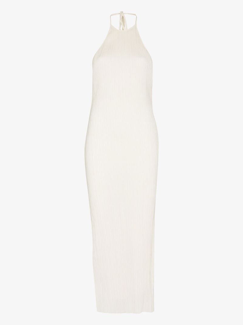 Neutral Pleated Halterneck Midi Dress
