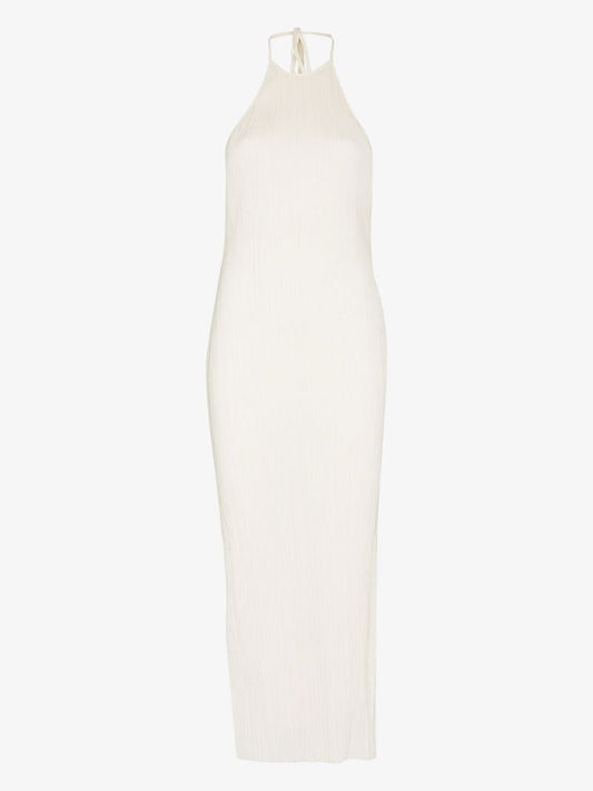 Neutral Pleated Halterneck Midi Dress